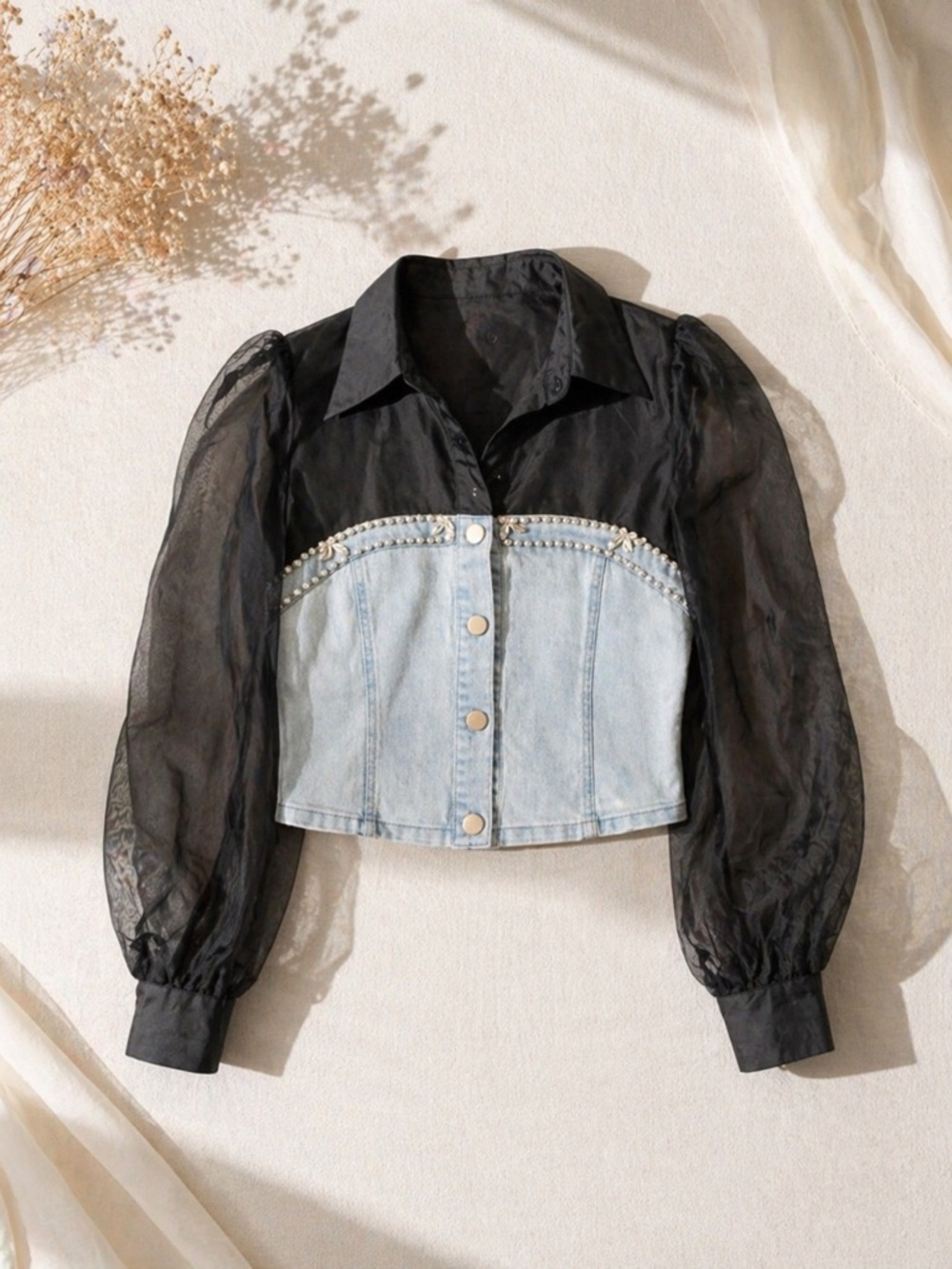Sheer Black Puff Sleeve Denim Bustier Top
